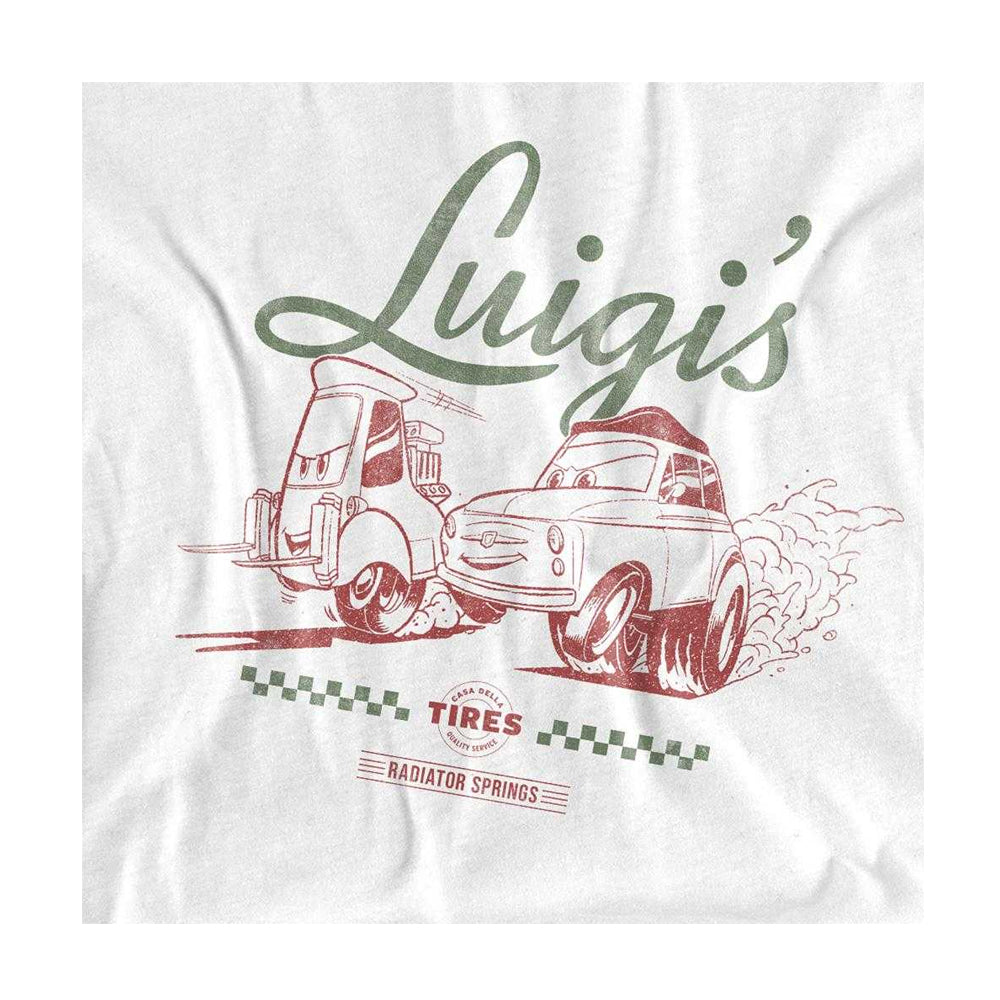 White - Side - Cars Unisex Adult Luigi´s Tyre Shop Transfer Long-Sleeved T-Shirt