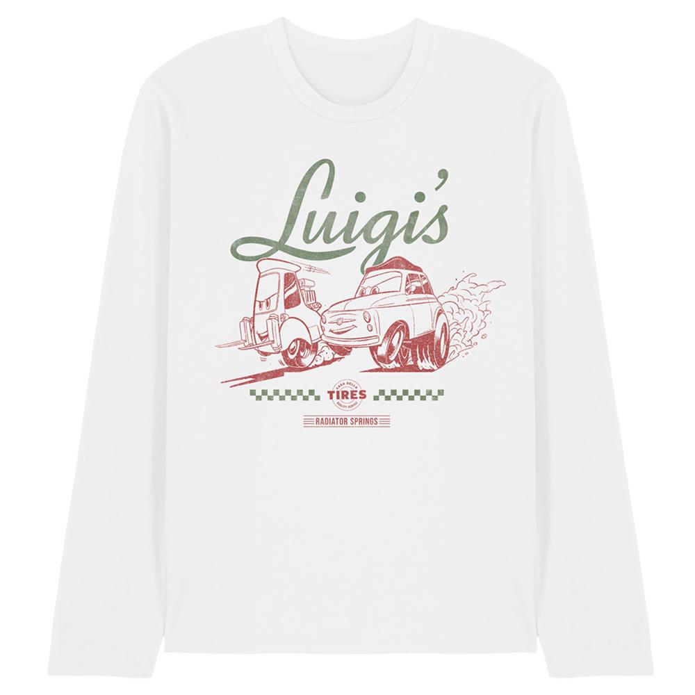 White - Front - Cars Unisex Adult Luigi´s Tyre Shop Transfer Long-Sleeved T-Shirt