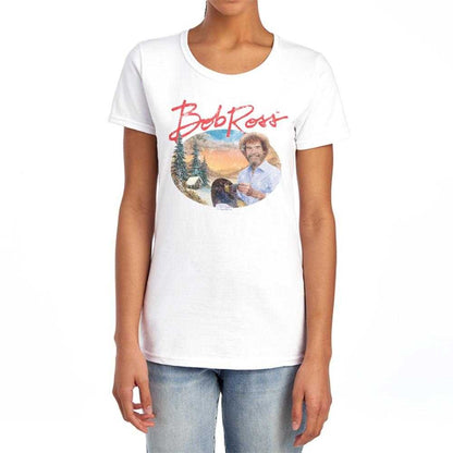 White - Lifestyle - Bob Ross Womens-Ladies A Warm Winter Fitted T-Shirt