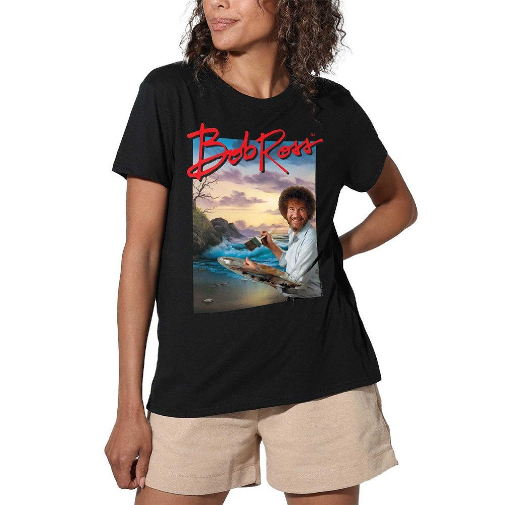 Black - Side - Bob Ross Womens-Ladies Ocean Painter Regular T-Shirt