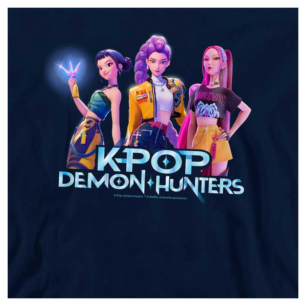 Navy - Side - K-Pop Demon Hunters Childrens-Kids Huntrix Group Pullover Hoodie