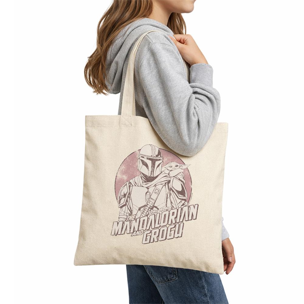 Natural - Lifestyle - Star Wars Mandalorian Sunset Grogu And Mando Reusable Tote Bag