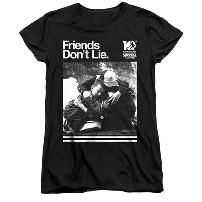 Black - Front - Stranger Things Womens-Ladies Friends Don´t Lie Fitted 10th Anniversary T-Shirt