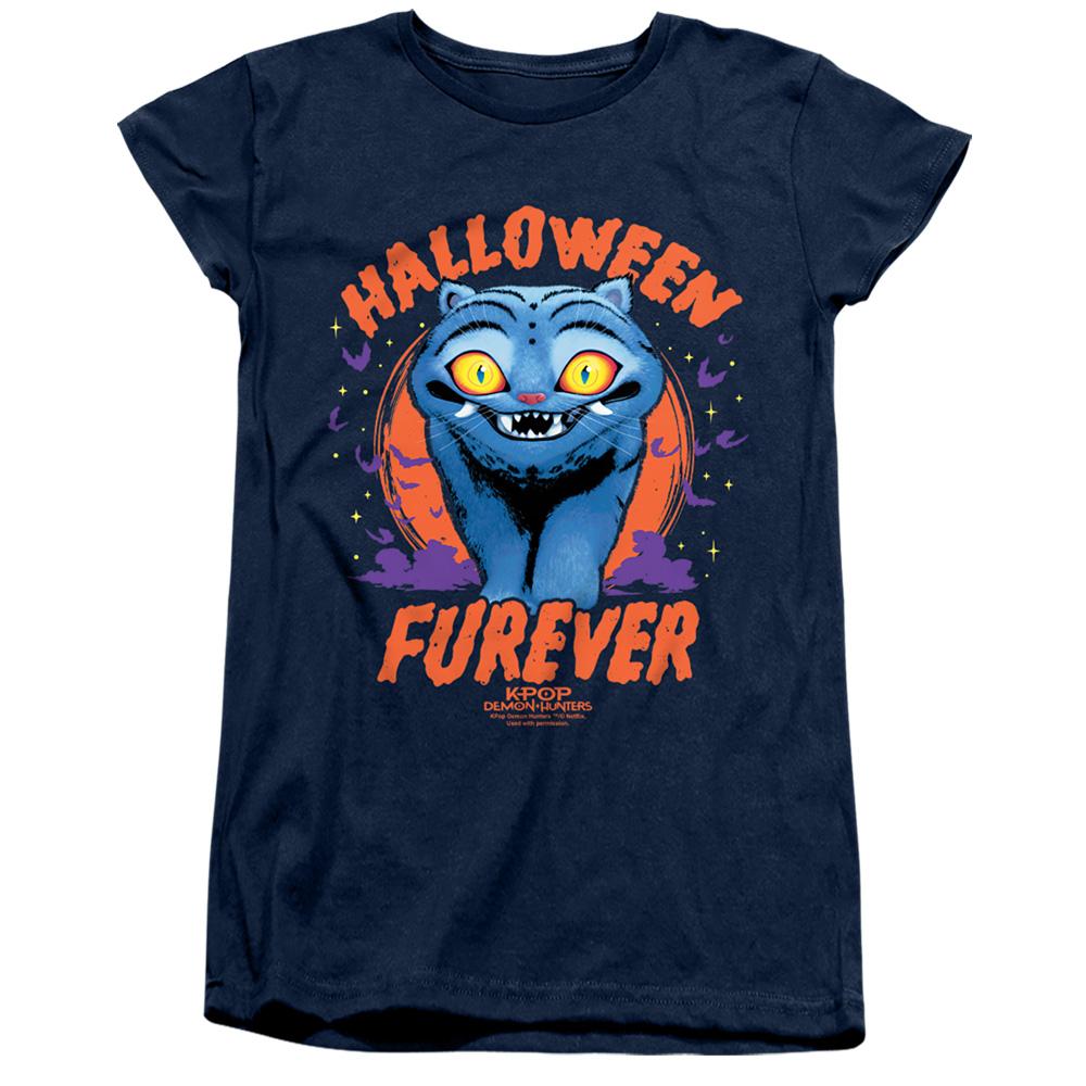 Navy - Front - K-Pop Demon Hunters Womens-Ladies Furever Derpy Tiger Fitted Halloween T-Shirt