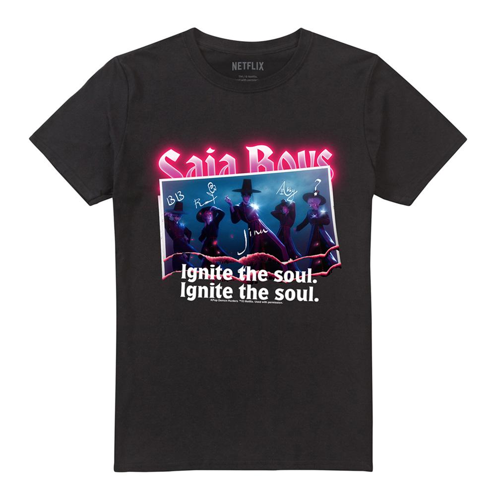 Black - Front - K-Pop Demon Hunters Unisex Adult Saja Boys Burning Photo T-Shirt
