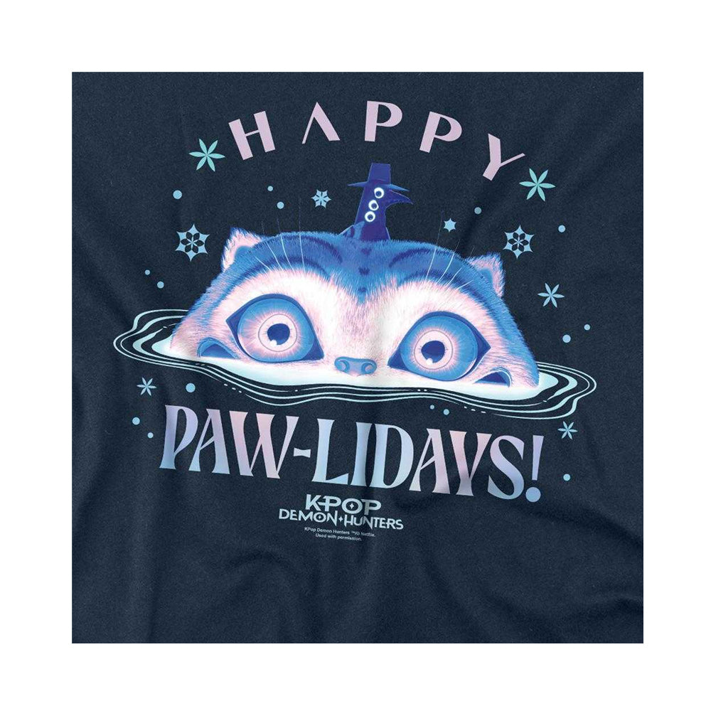 Navy - Side - K-Pop Demon Hunters Unisex Adult Happy Pawlidays Derpy Tiger Long-Sleeved Christmas T-Shirt