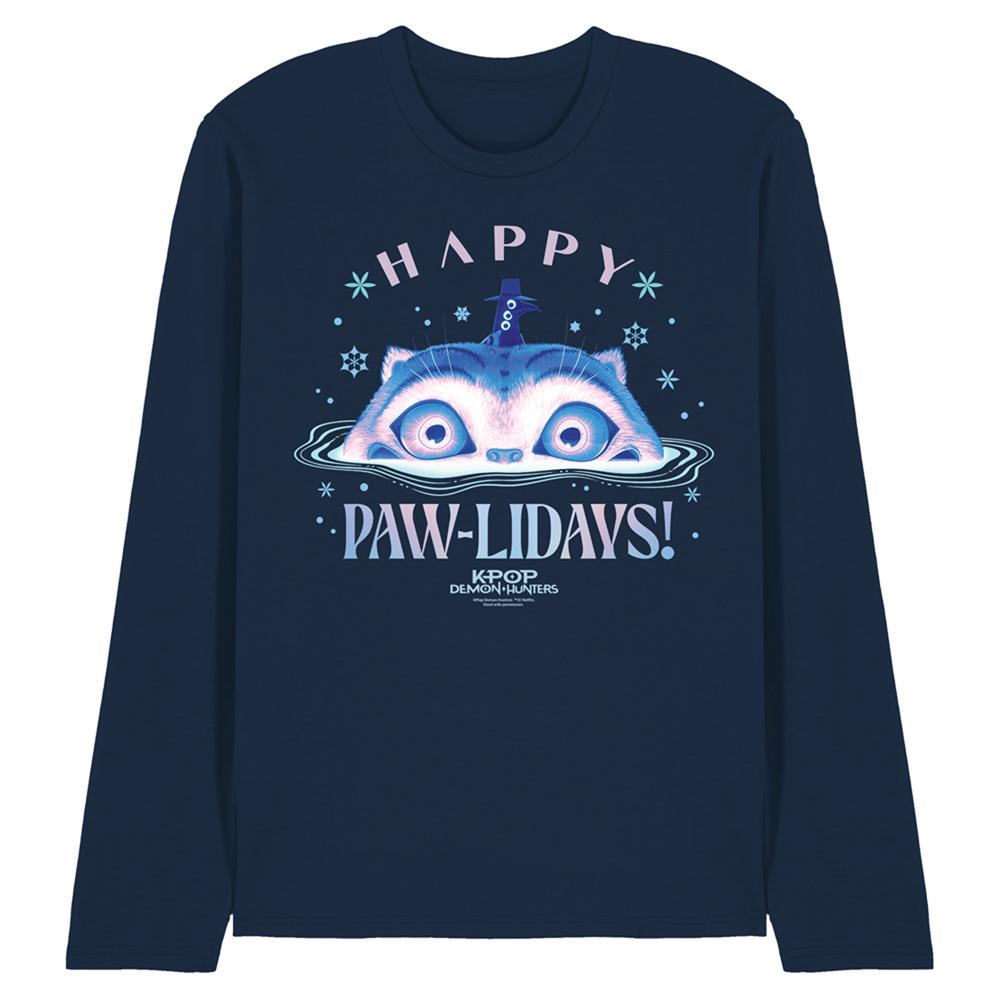 Navy - Front - K-Pop Demon Hunters Unisex Adult Happy Pawlidays Derpy Tiger Long-Sleeved Christmas T-Shirt