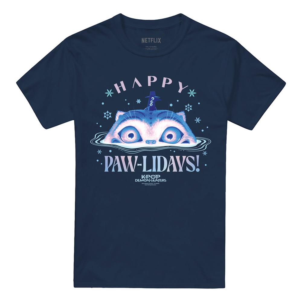 Navy - Front - K-Pop Demon Hunters Unisex Adult Happy Pawlidays Derpy Tiger Christmas T-Shirt