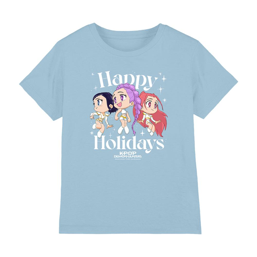 Light Blue - Front - K-Pop Demon Hunters Childrens-Kids Happy Holidays Huntr-X Group T-Shirt