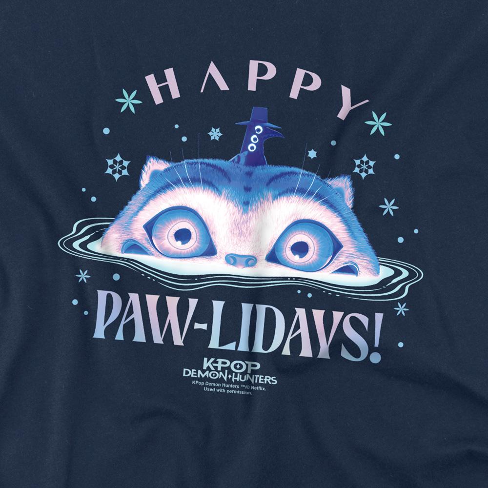 Navy - Side - K-Pop Demon Hunters Childrens-Kids Happy Pawlidays Derpy Tiger Christmas T-Shirt