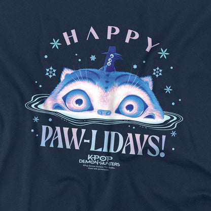 Navy - Side - K-Pop Demon Hunters Childrens-Kids Happy Pawlidays Derpy Tiger Christmas T-Shirt