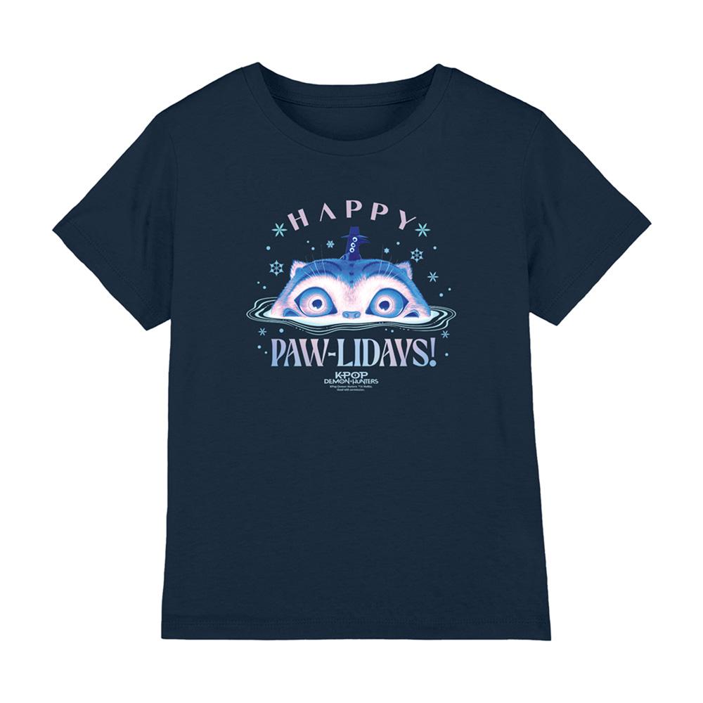 Navy - Front - K-Pop Demon Hunters Childrens-Kids Happy Pawlidays Derpy Tiger Christmas T-Shirt