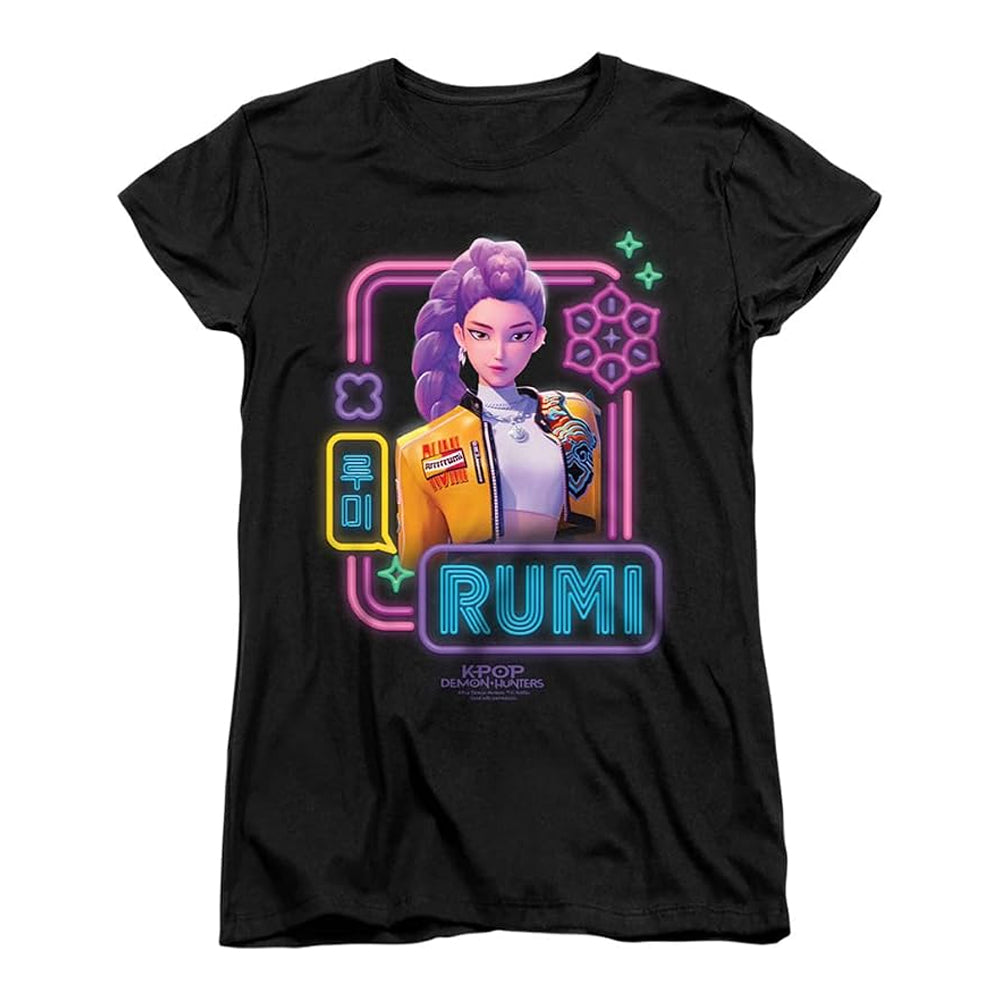 Black - Front - K-Pop Demon Hunters Womens-Ladies Rumi Glowing Lights Fitted T-Shirt