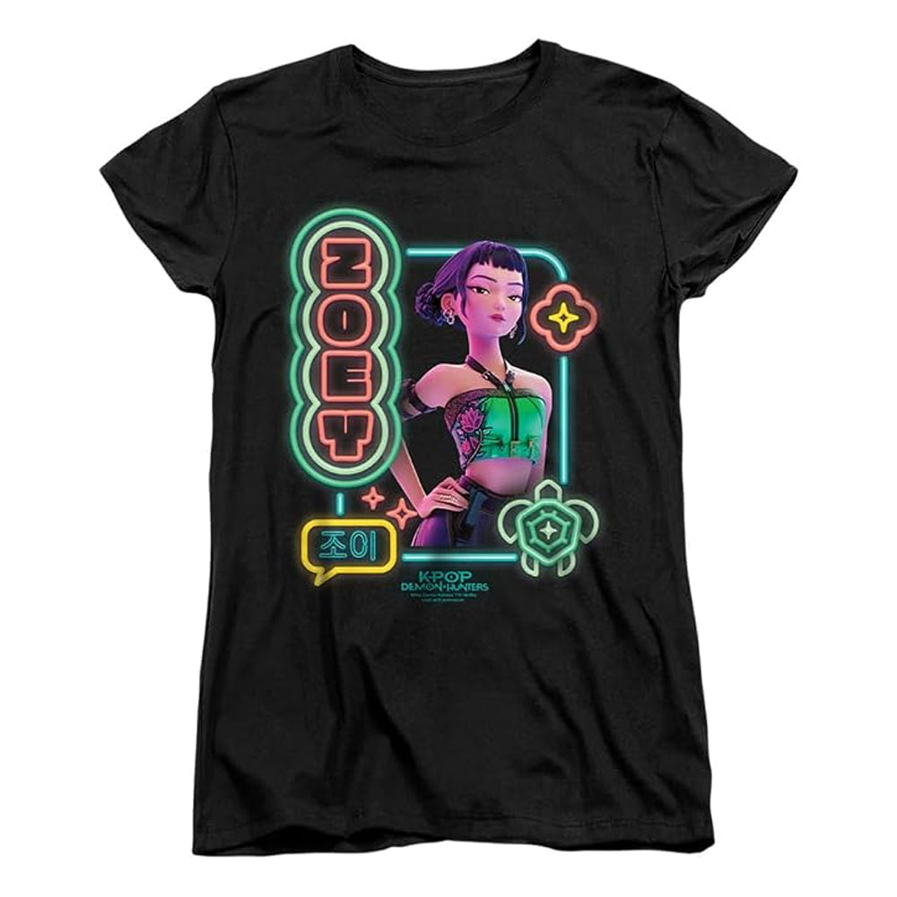Black - Front - K-Pop Demon Hunters Womens-Ladies Zoey Glowing Lights Fitted T-Shirt
