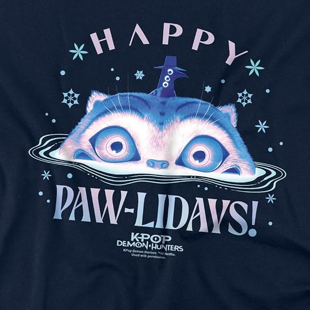 Navy - Side - K-Pop Demon Hunters Womens-Ladies Happy Pawlidays Derpy Tiger Fitted Christmas T-Shirt