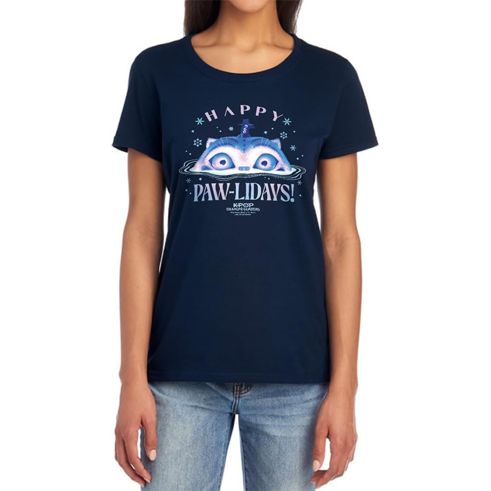 Navy - Lifestyle - K-Pop Demon Hunters Womens-Ladies Happy Pawlidays Derpy Tiger Fitted Christmas T-Shirt