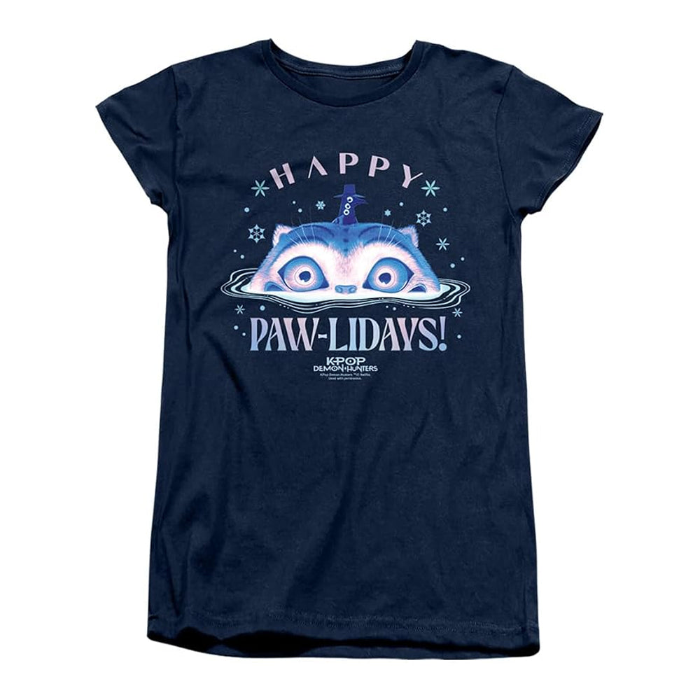 Navy - Front - K-Pop Demon Hunters Womens-Ladies Happy Pawlidays Derpy Tiger Fitted Christmas T-Shirt