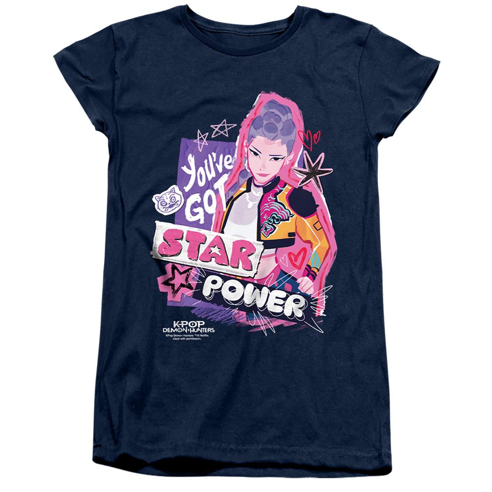 Navy - Front - K-Pop Demon Hunters Womens-Ladies Rumi Scrapbook Stars Fitted T-Shirt