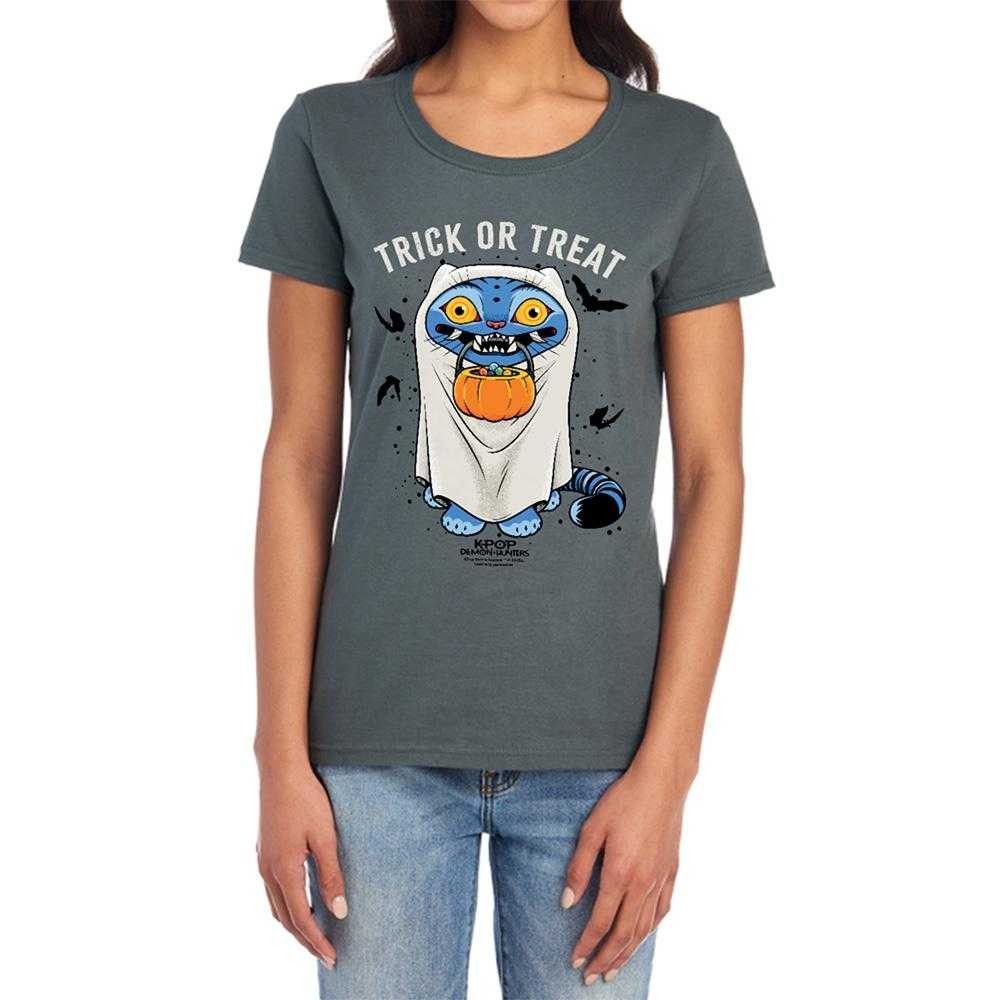 Charcoal - Lifestyle - K-Pop Demon Hunters Womens-Ladies Trick Or Treat Derpy Tiger Fitted T-Shirt