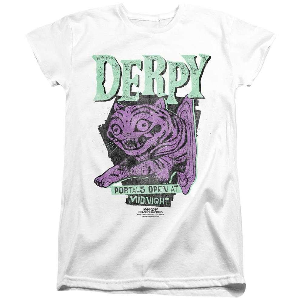 White - Front - K-Pop Demon Hunters Womens-Ladies Derpy Tiger Portal Fitted Halloween T-Shirt