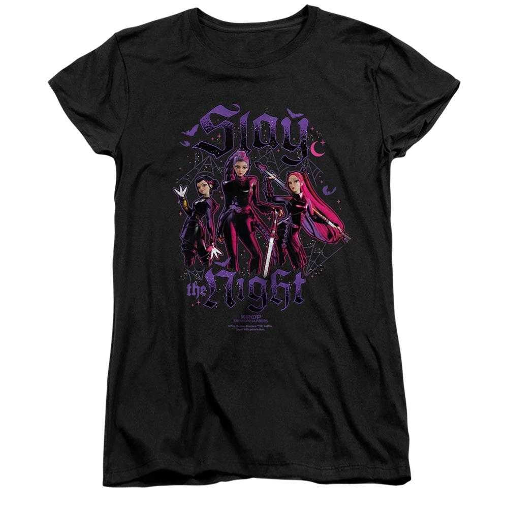 Black - Front - K-Pop Demon Hunters Womens-Ladies Huntrix Slay The Night Fitted T-Shirt