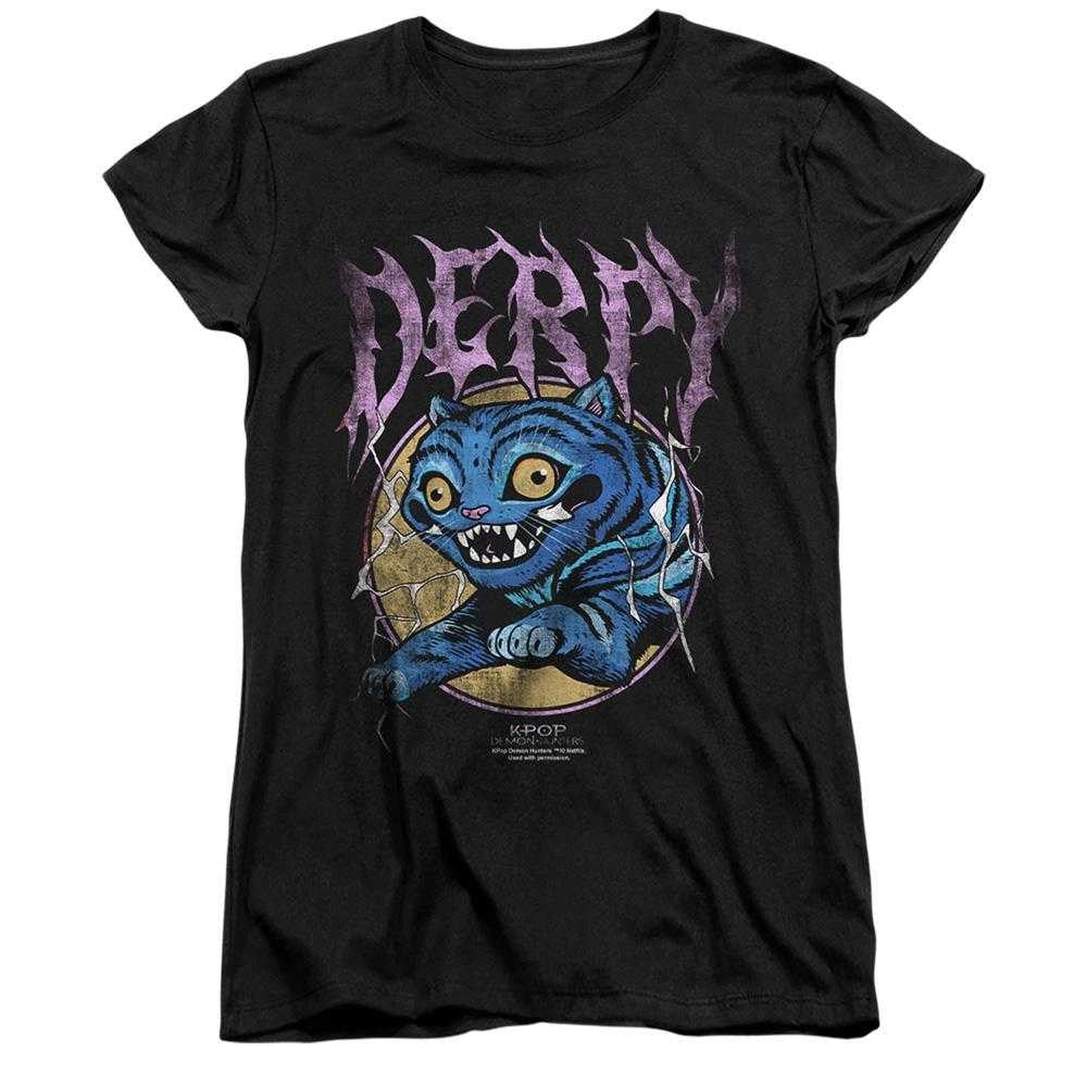 Black - Front - K-Pop Demon Hunters Womens-Ladies Rock Band Derpy Tiger Fitted T-Shirt