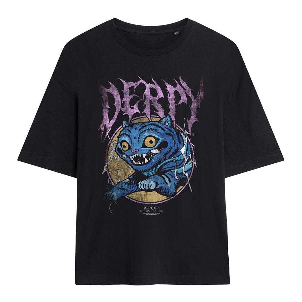 Black - Front - K-Pop Demon Hunters Womens-Ladies Rock Band Derpy Tiger Oversized T-Shirt