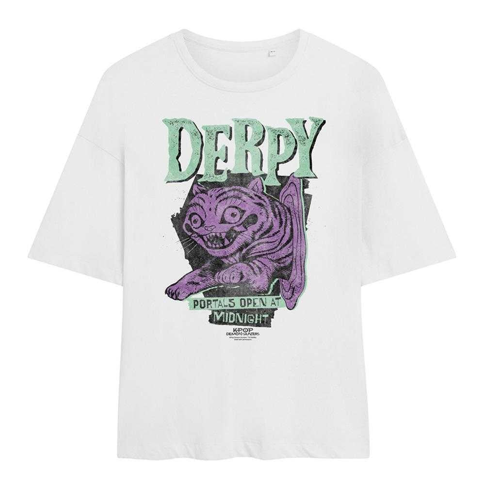 White - Front - K-Pop Demon Hunters Womens-Ladies Derpy Tiger Portal Oversized Halloween T-Shirt