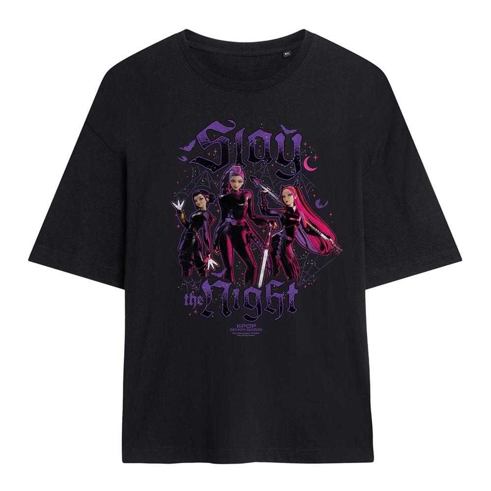 Black - Front - K-Pop Demon Hunters Womens-Ladies Huntrix Slay The Night Oversized T-Shirt