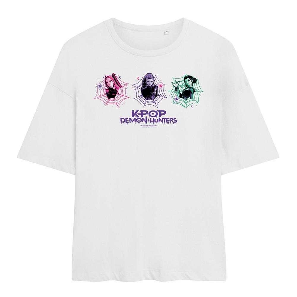 White - Front - K-Pop Demon Hunters Womens-Ladies Mira Rumi Zoey Spider Web Oversized T-Shirt