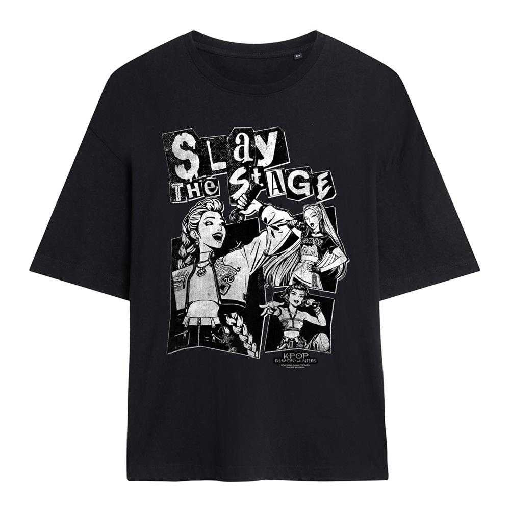 Black - Front - K-Pop Demon Hunters Womens-Ladies Huntrix Slay The Stage Oversized T-Shirt