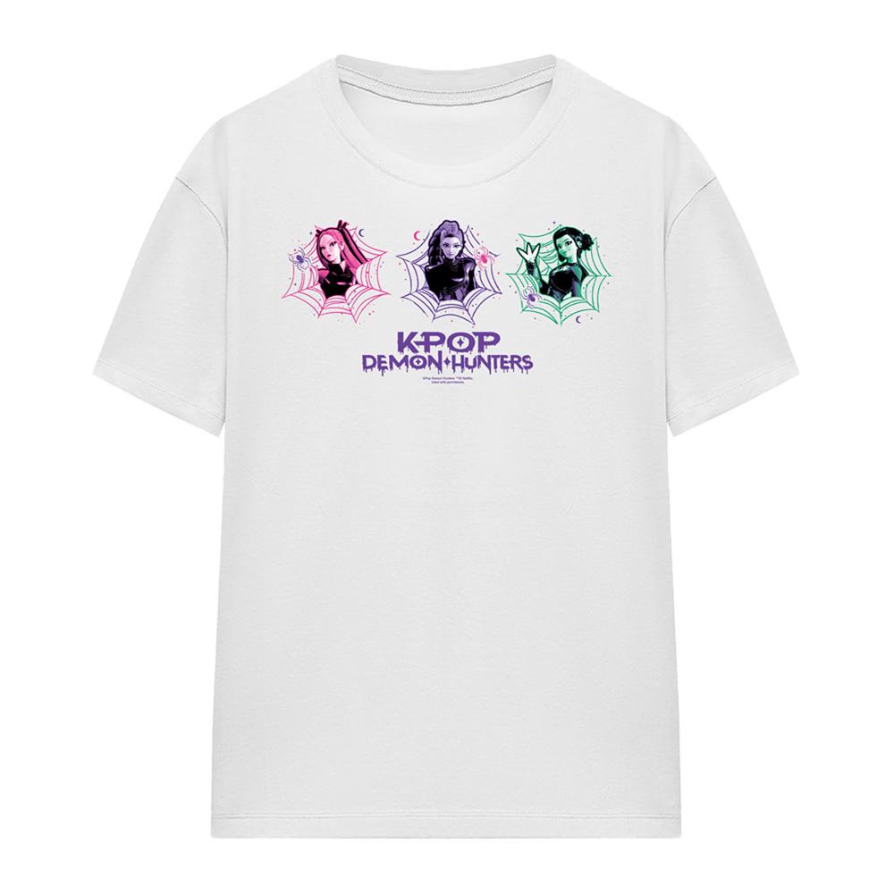 White - Front - K-Pop Demon Hunters Womens-Ladies Mira Rumi Zoey Spider Web T-Shirt