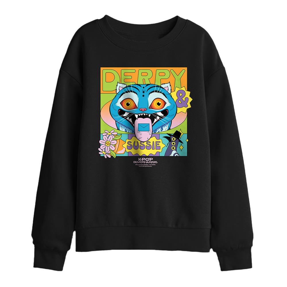 Black - Front - K-Pop Demon Hunters Childrens-Kids Summer Festival Derpy & Sussie Poster Sweatshirt