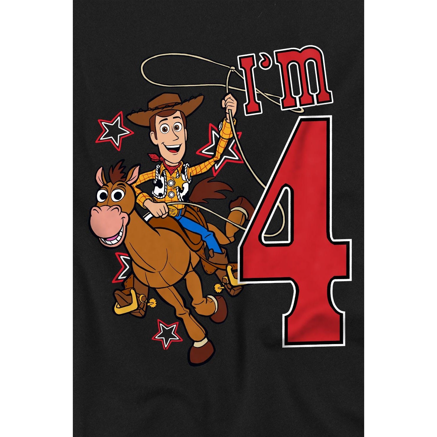 Black - Side - Toy Story Childrens-Kids I´m 4 Woody Birthday T-Shirt