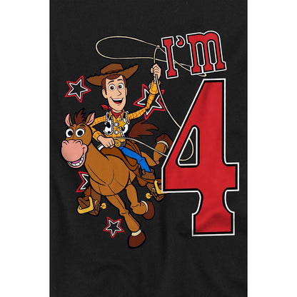 Black - Side - Toy Story Childrens-Kids I´m 4 Woody Birthday T-Shirt