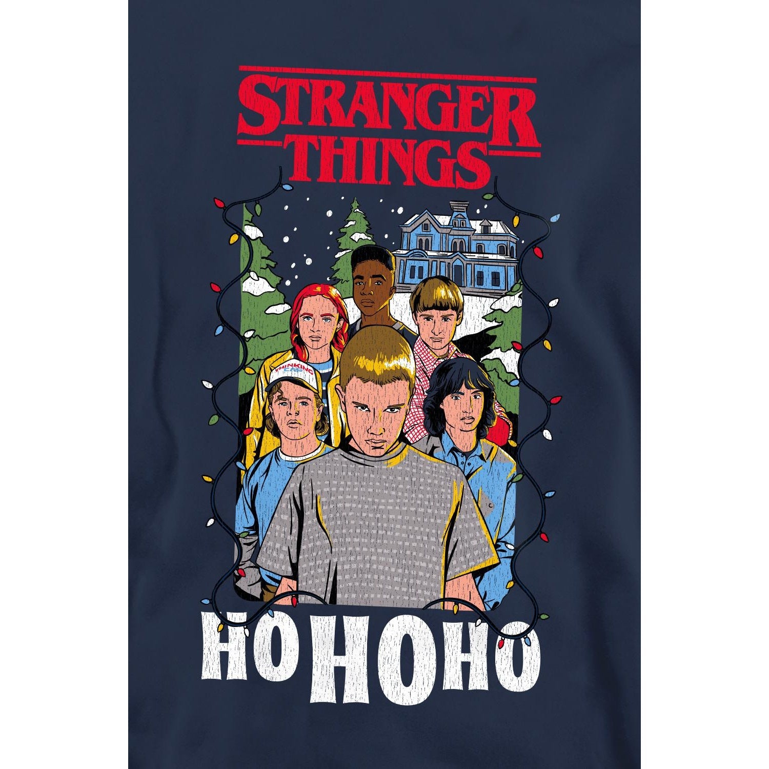 Navy - Side - Stranger Things Unisex Adult Ho Ho Ho Group Shot Sweatshirt