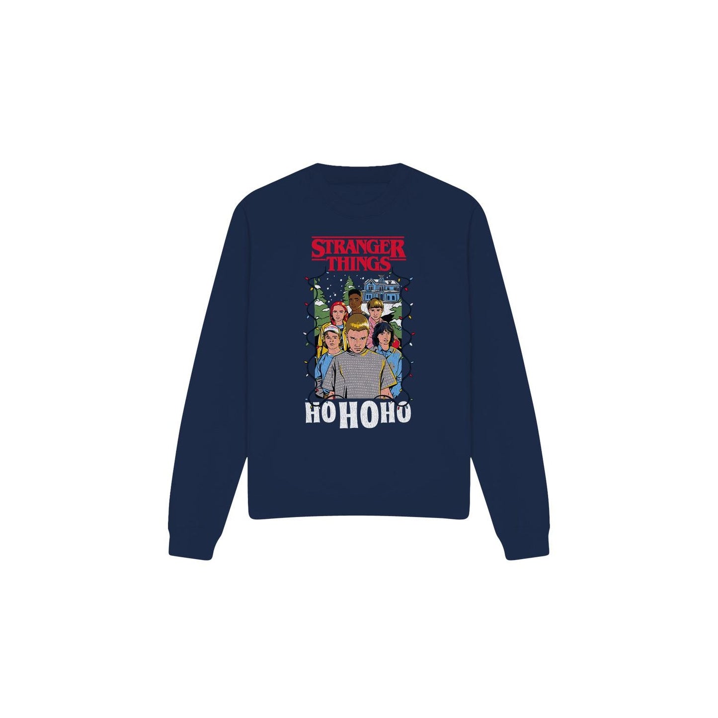Navy - Front - Stranger Things Unisex Adult Ho Ho Ho Group Shot Sweatshirt