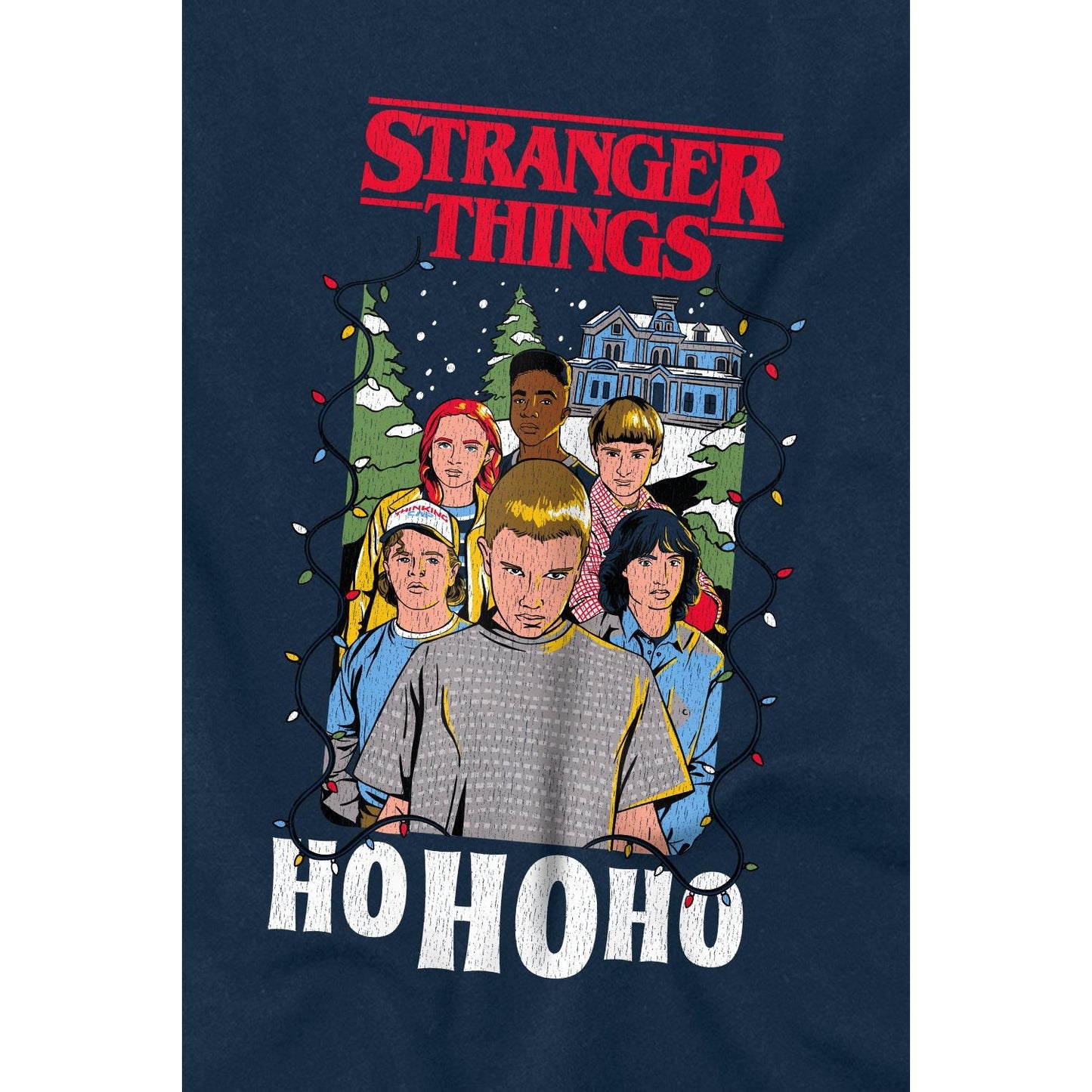 Navy - Side - Stranger Things Unisex Adult Ho Ho Ho Group Shot T-Shirt