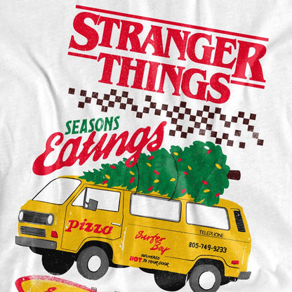 White - Side - Stranger Things Mens Seasons Eatings Pizza Van T-Shirt