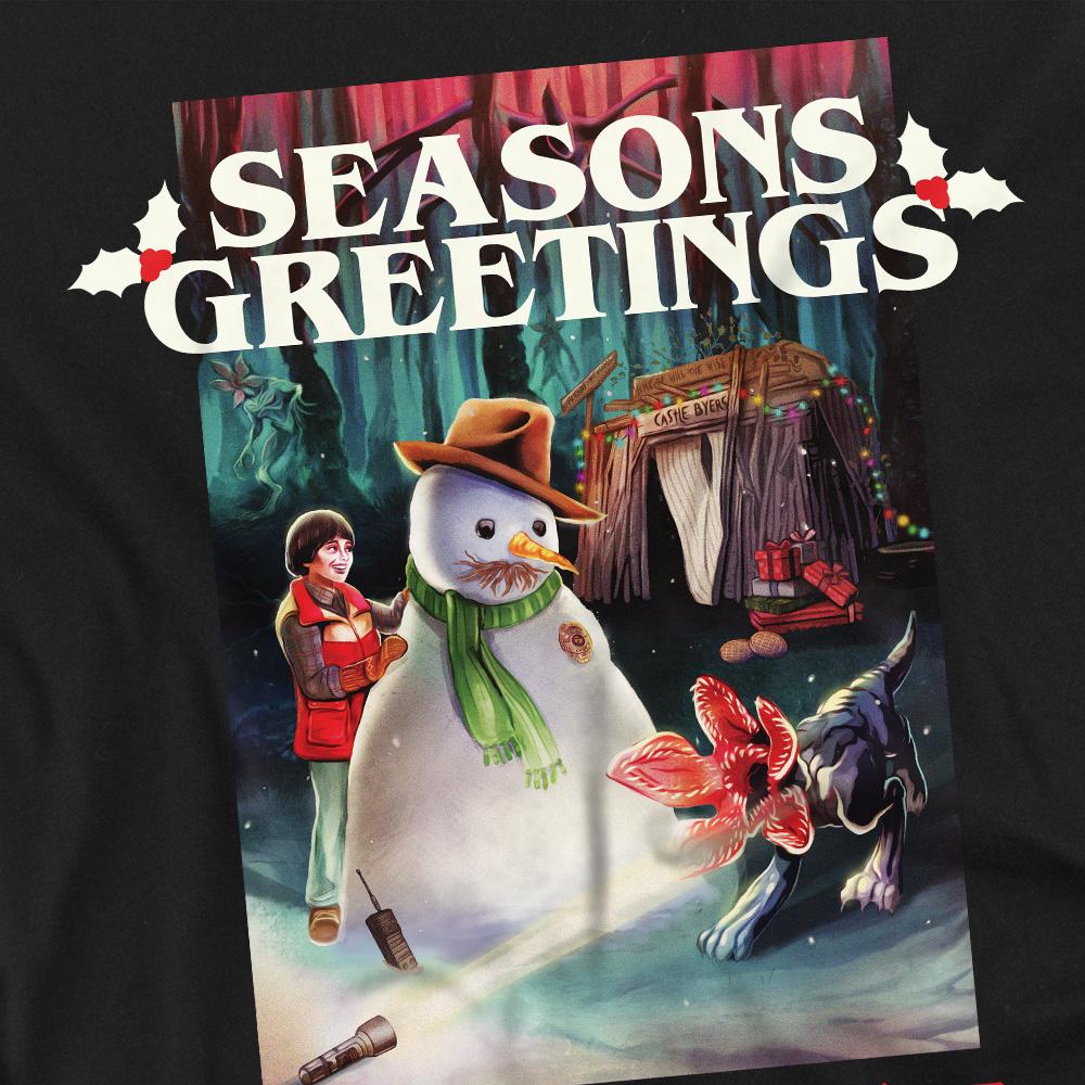 Black - Side - Stranger Things Mens Seasons Greetings Snowman T-Shirt
