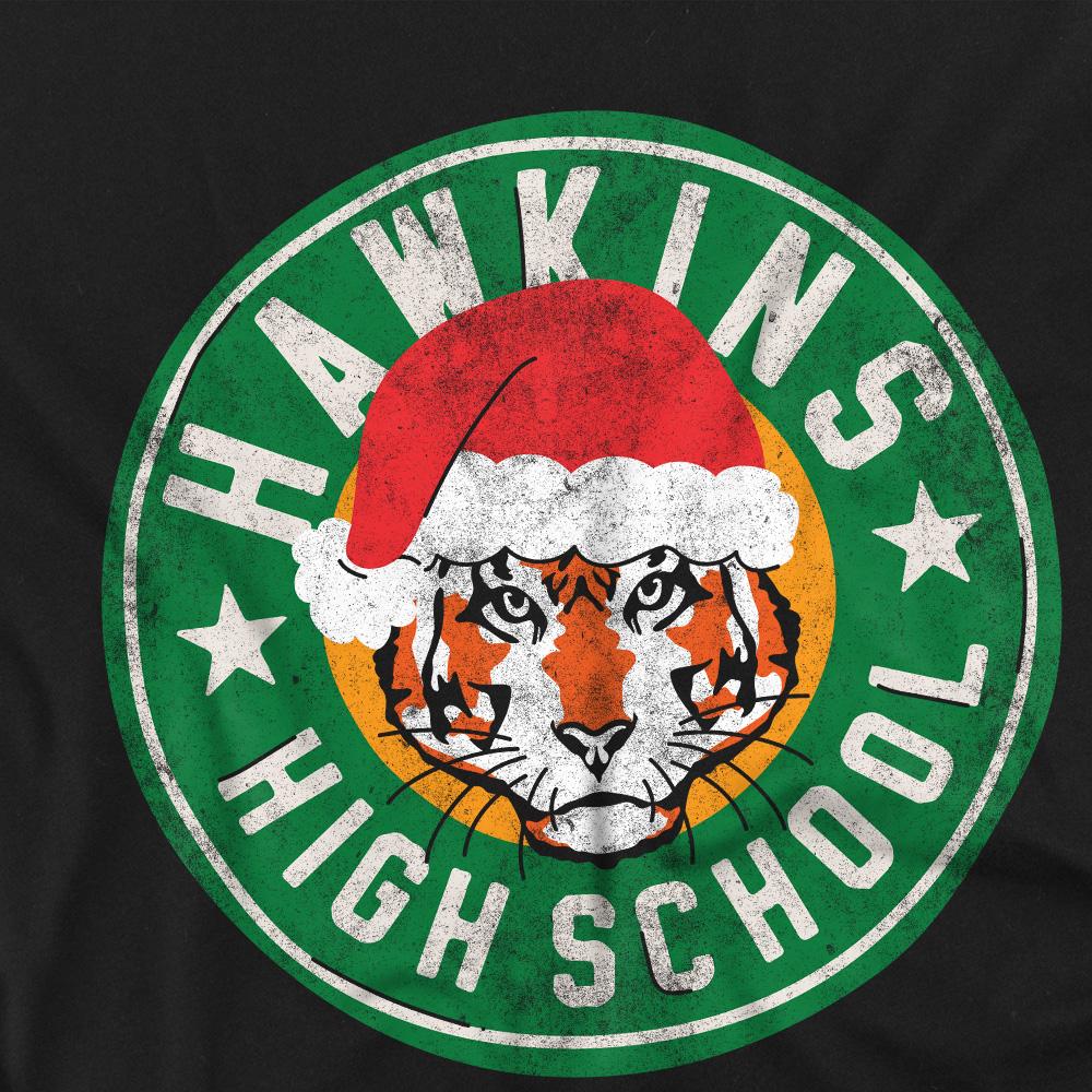 Black - Side - Stranger Things Mens Hawkins High School Christmas Logo T-Shirt