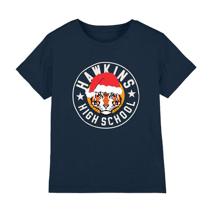Navy - Front - Stranger Things Childrens-Kids Hawkins Badge Christmas T-Shirt