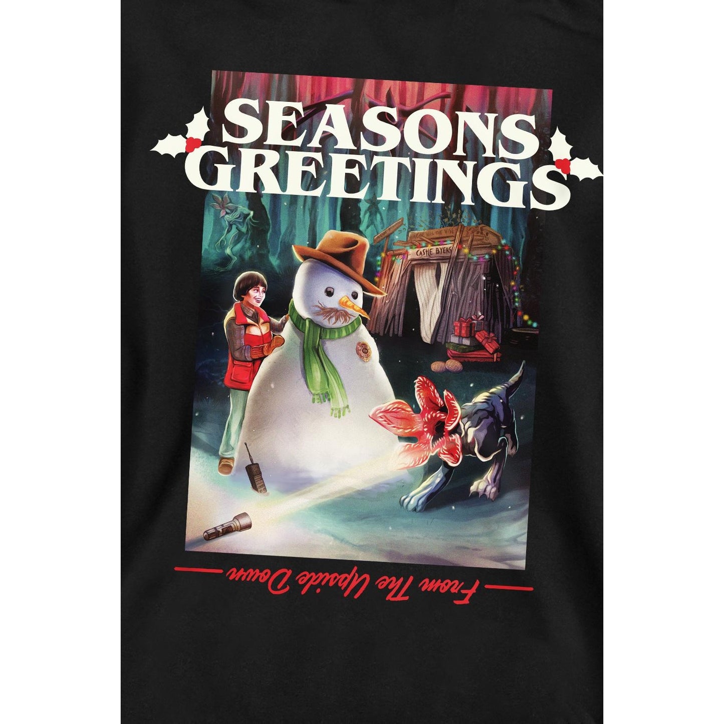 Black - Side - Stranger Things Unisex Adult Seasons Greetings Snowman Sweatshirt