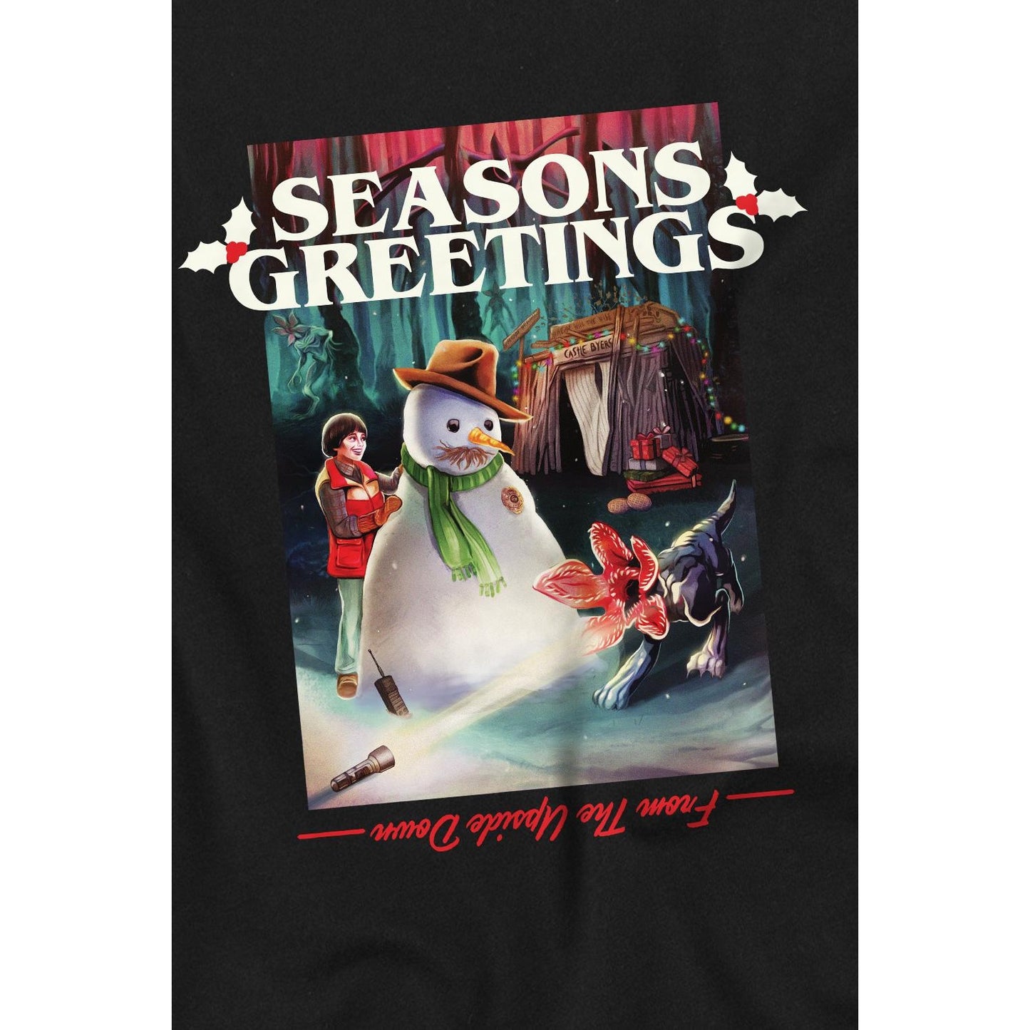 Black - Side - Stranger Things Unisex Adult Seasons Greetings Snowman T-Shirt