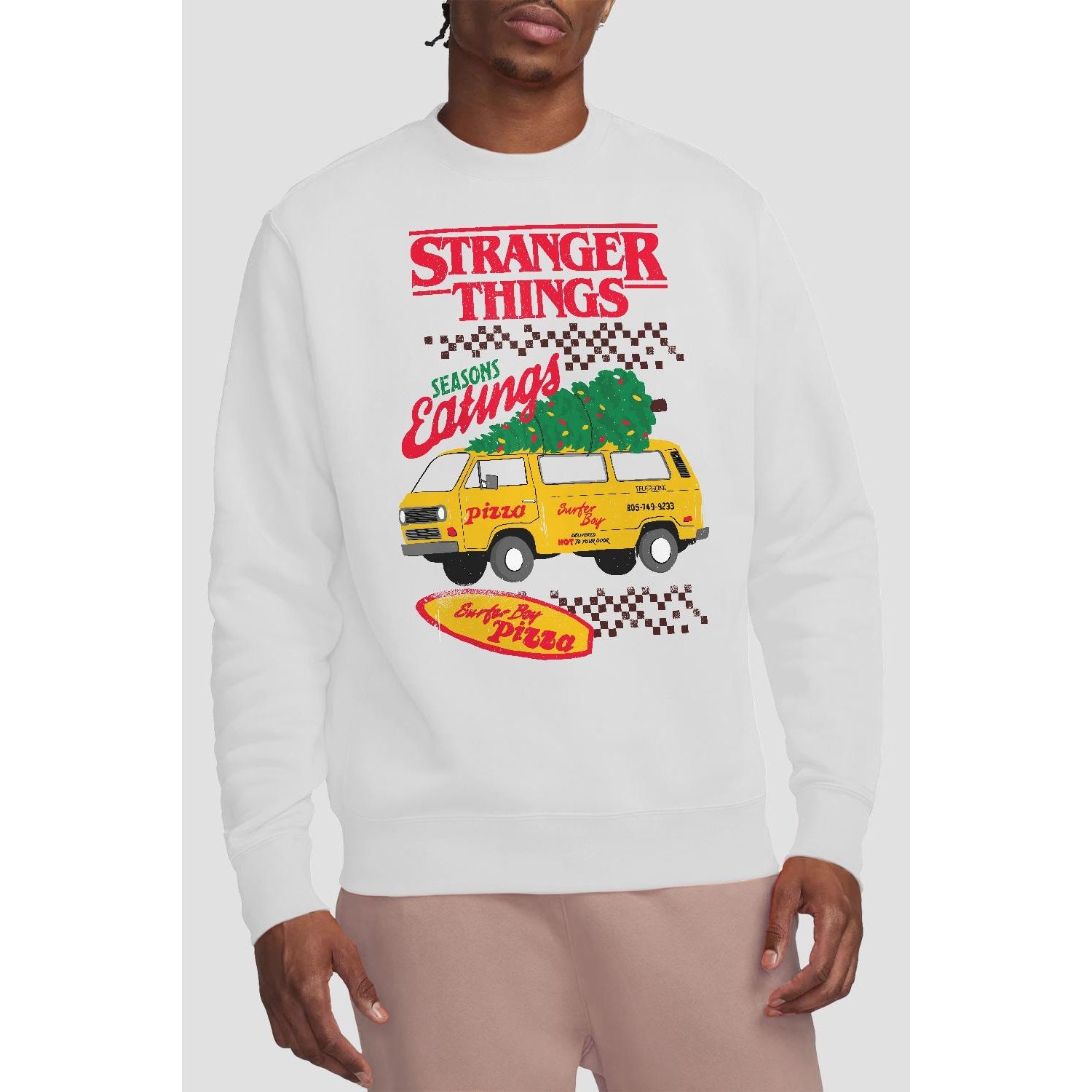 White - Lifestyle - Stranger Things Unisex Adult Seasons Eatings Pizza Van Sweatshirt