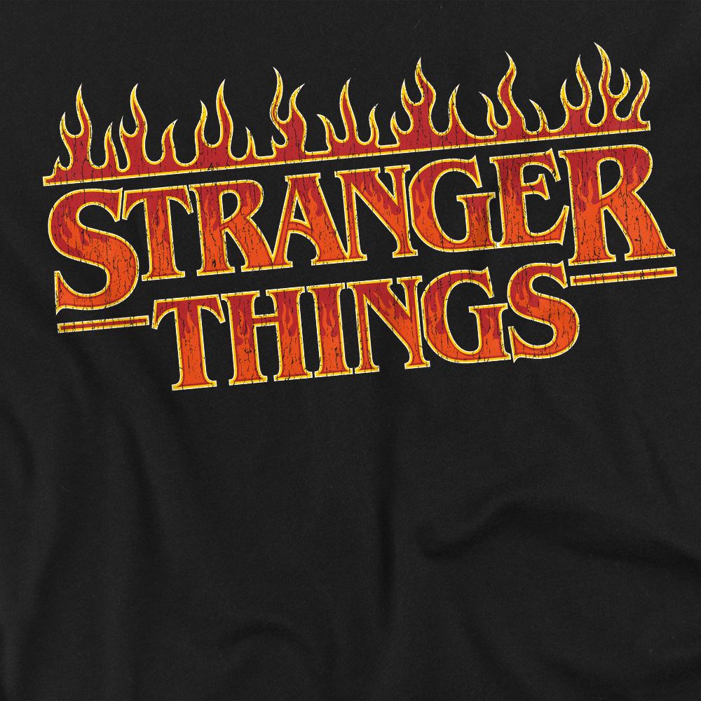 Black - Side - Stranger Things Mens Vintage Flaming Logo T-Shirt
