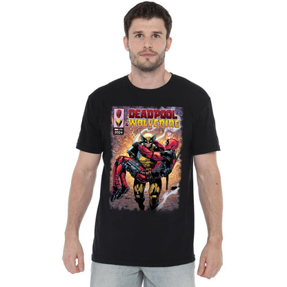 Black - Side - Deadpool & Wolverine Mens Wolverine Saves Deadpool Comic T-Shirt