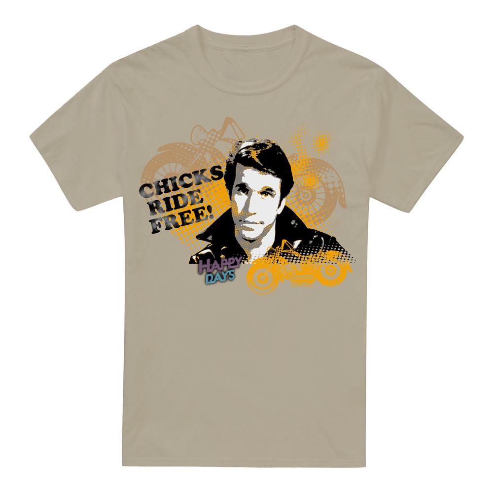 Sand - Front - Happy Days Mens Chicks Ride Free T-Shirt