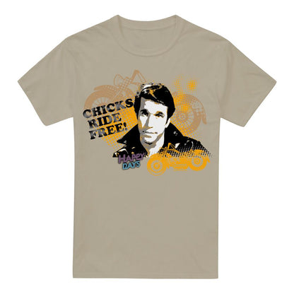 Sand - Front - Happy Days Mens Chicks Ride Free T-Shirt