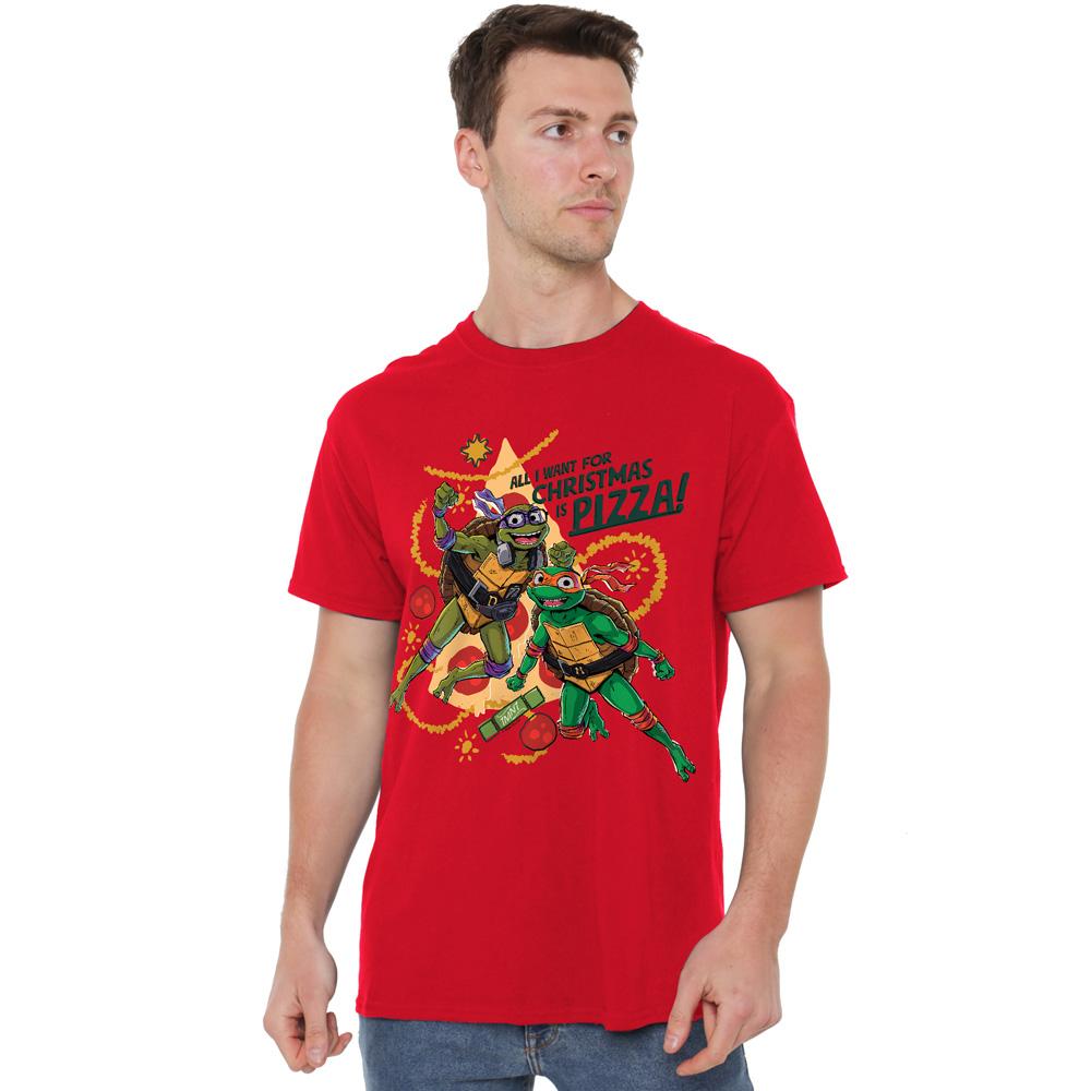 Red - Lifestyle - Teenage Mutant Ninja Turtles: Mutant Mayhem Mens Michelangelo & Donatello Pizza Christmas T-Shirt